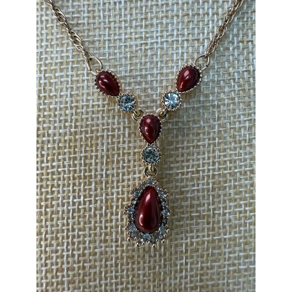 Gold-Tone Red Teardrop & Clear Crystal Pendant Necklace By Charter Club 18" Adju - Picture 7 of 8